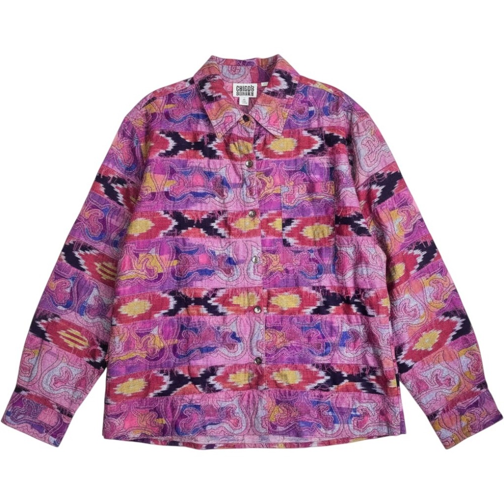 VTG Chico's Design‎ Silk Cotton Embroidered Ikat Jacket Pink Boho Art To Wear